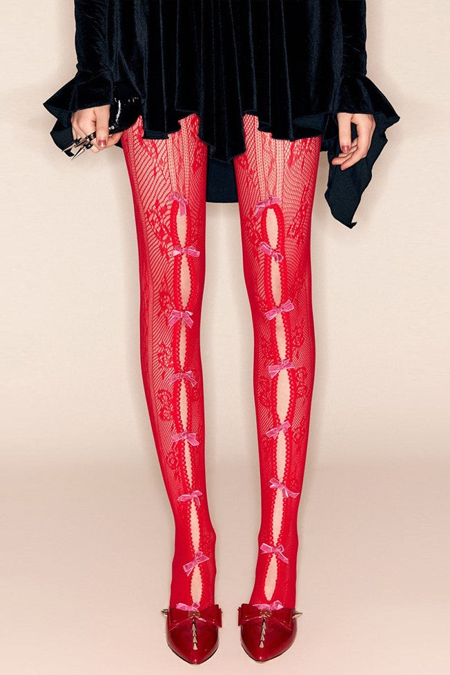 YARA PINK BOWKNOT FISHNET STOCKINGS - RED
