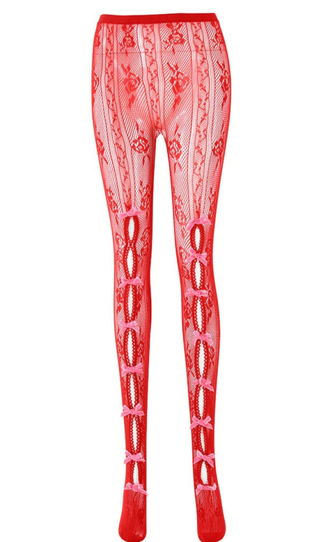 Yara Pink Bowknot Fishnet Stockings - Red