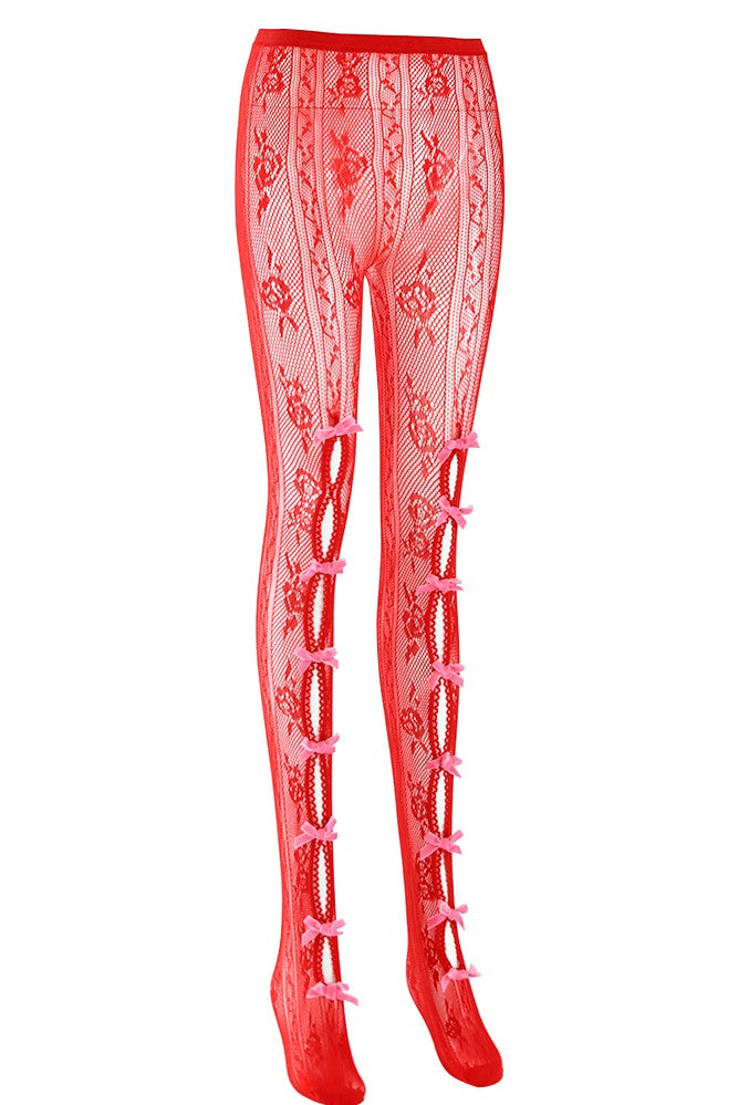 YARA PINK BOWKNOT FISHNET STOCKINGS - RED