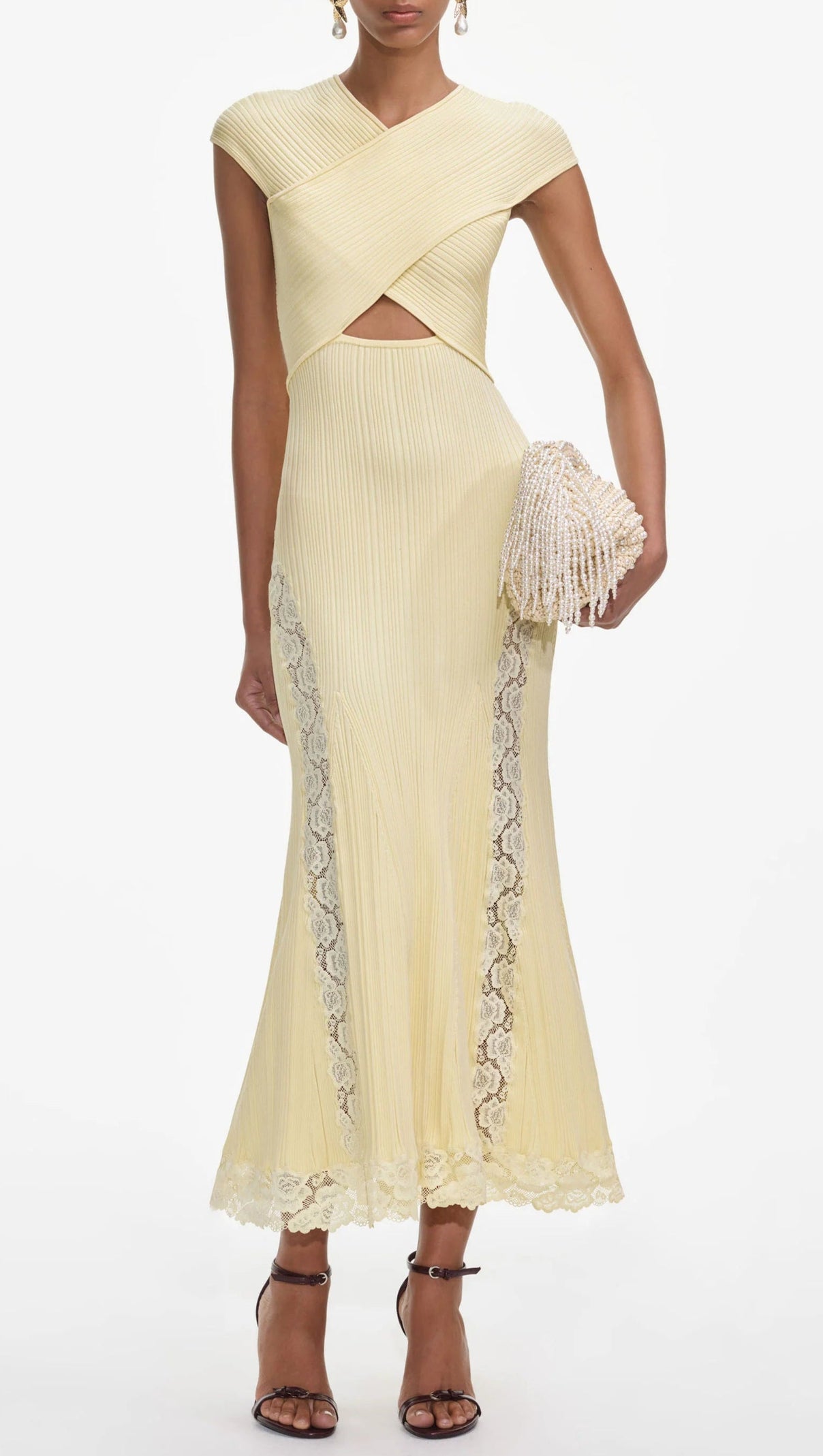 AIIZIE Yellow Knit Lace-Insert Midi Dress - product image