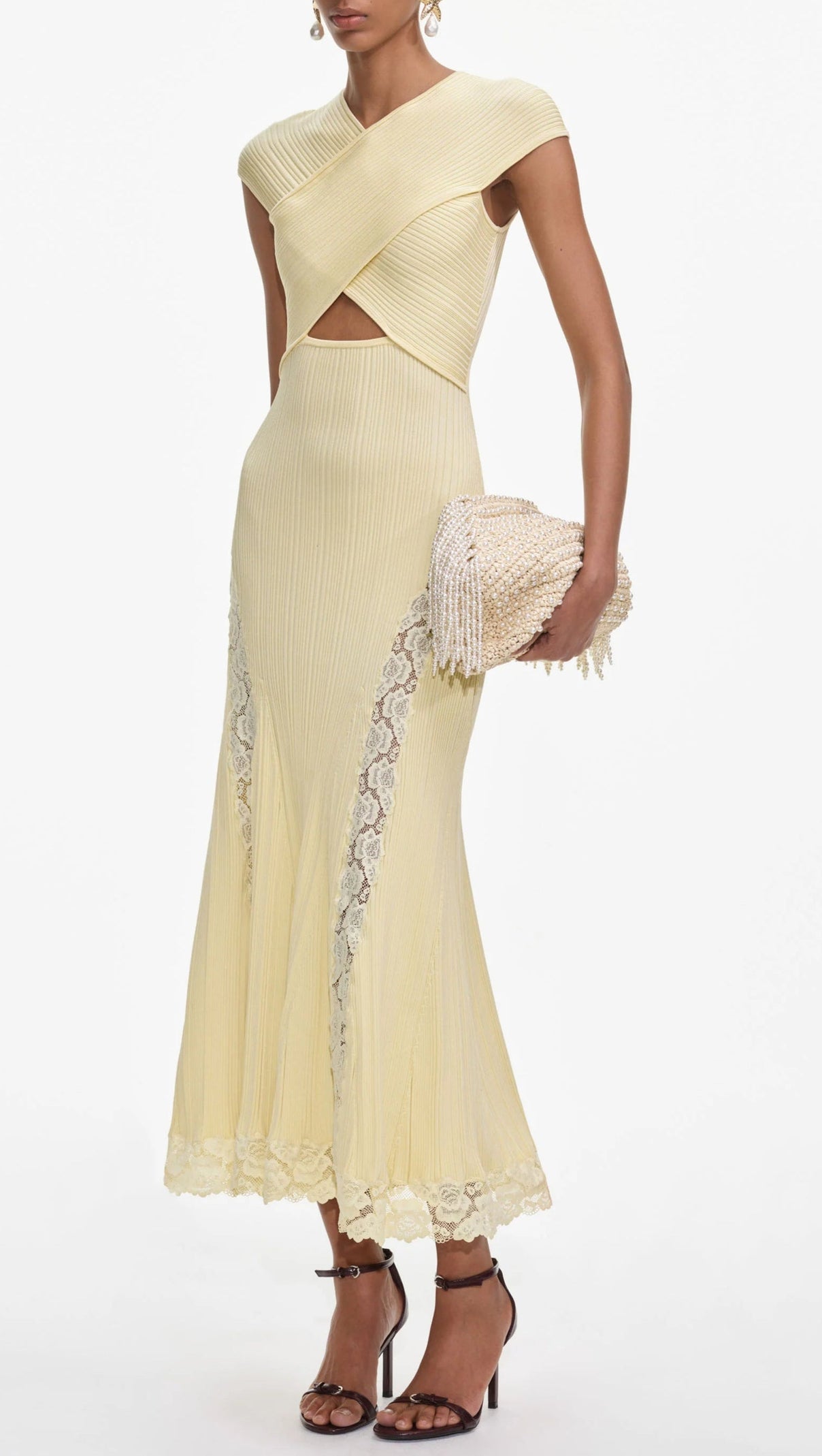 AIIZIE Yellow Knit Lace-Insert Midi Dress - product image