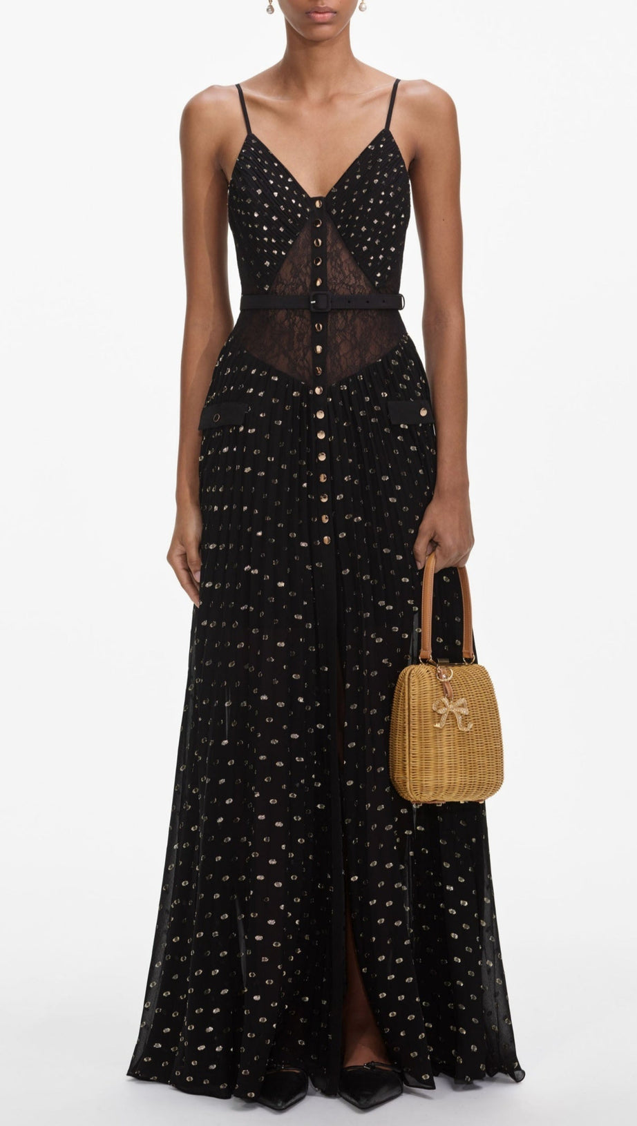 LACE DOT BELTED PLEATED MAXI DRESS