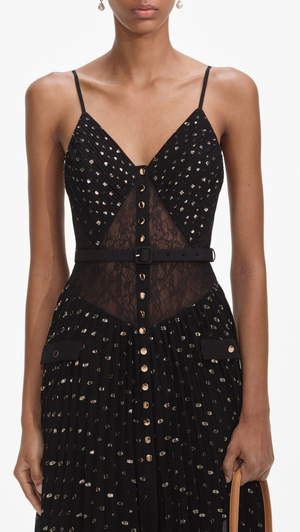 AIIZIE LACE DOT BELTED PLEATED MAXI DRESS - product image