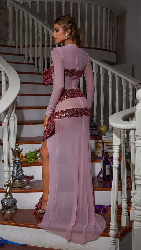 ZACHARY LONG SLEEVE BOW SEQUIN DRESS