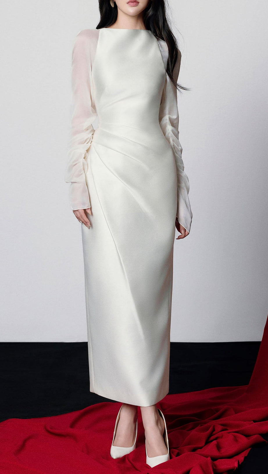griselda Boat Neck Gathered Midi Dress in ivory