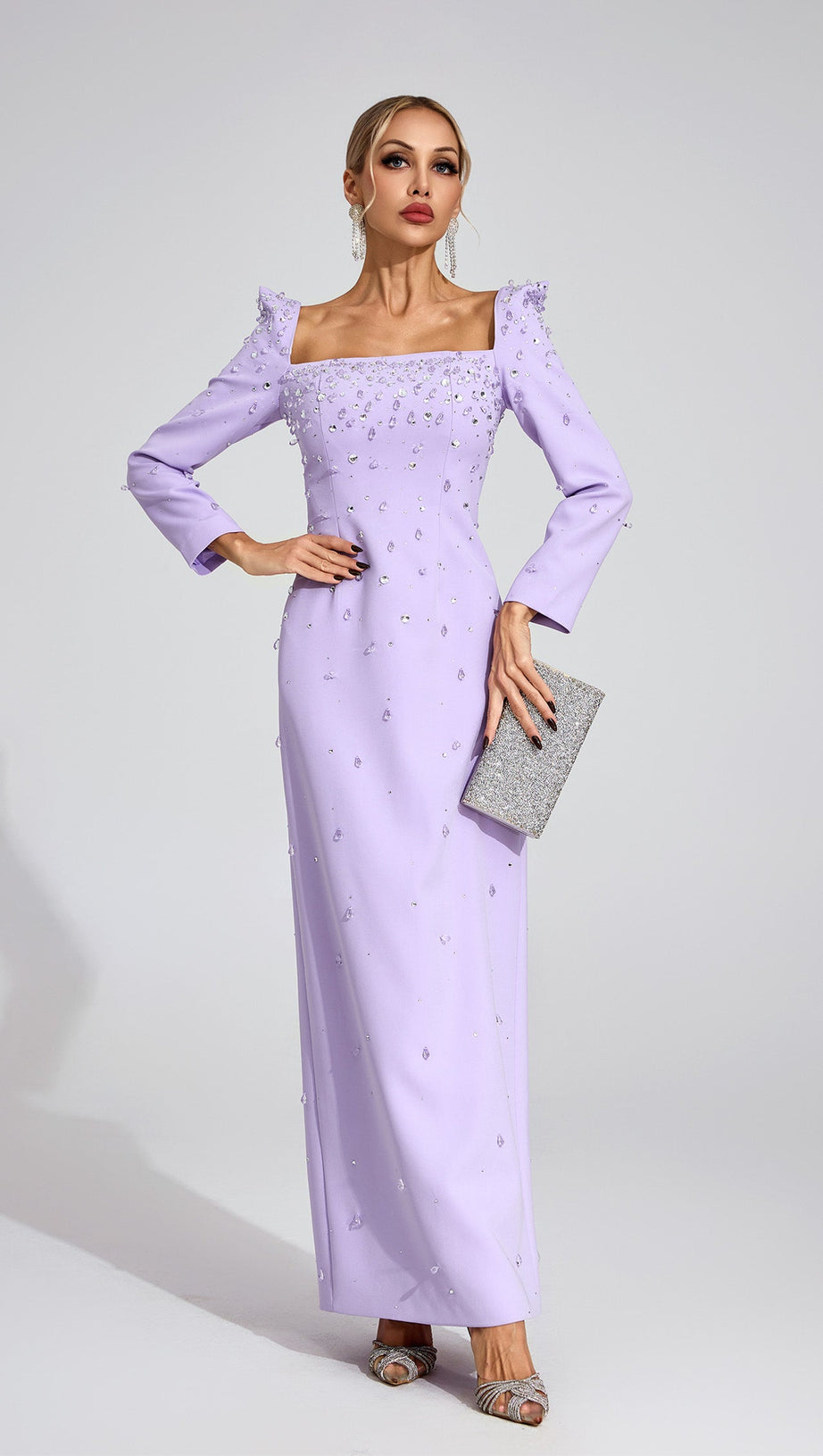 lynn Square neck beaded rhinestone maxi dress - purple