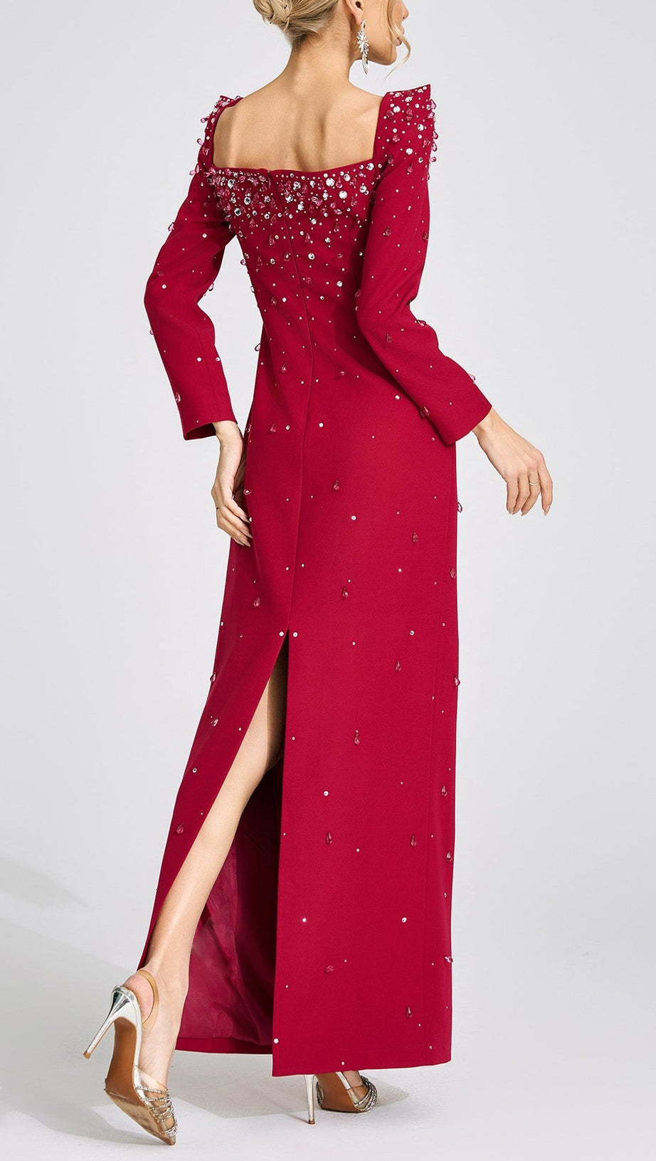 lynn Square neck beaded rhinestone maxi dress - Burgundy