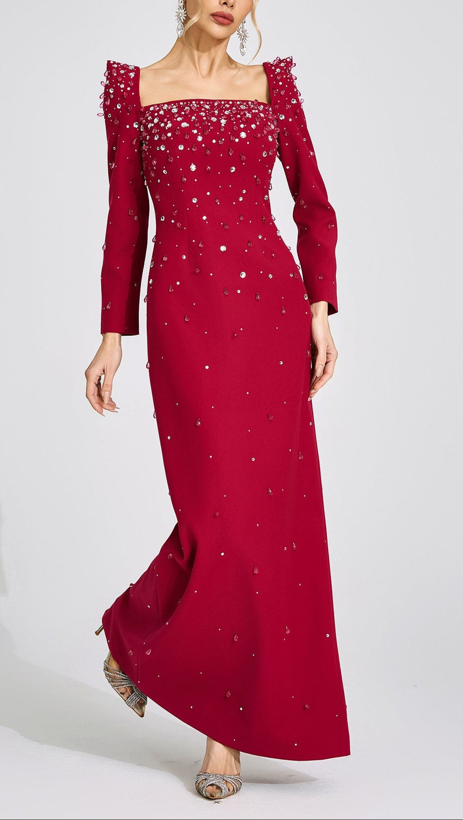 lynn Square neck beaded rhinestone maxi dress - Burgundy