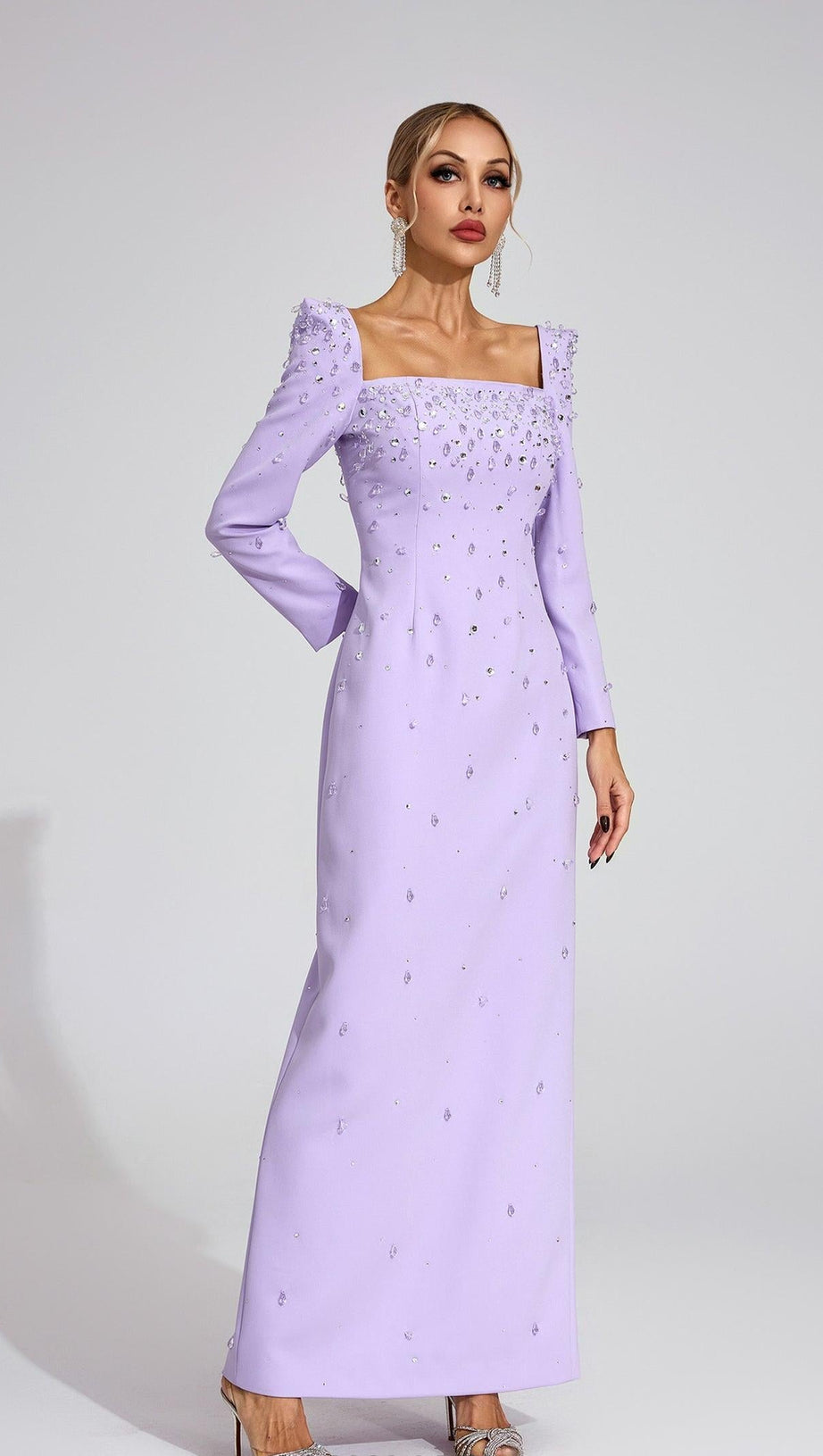 lynn Square neck beaded rhinestone maxi dress - purple