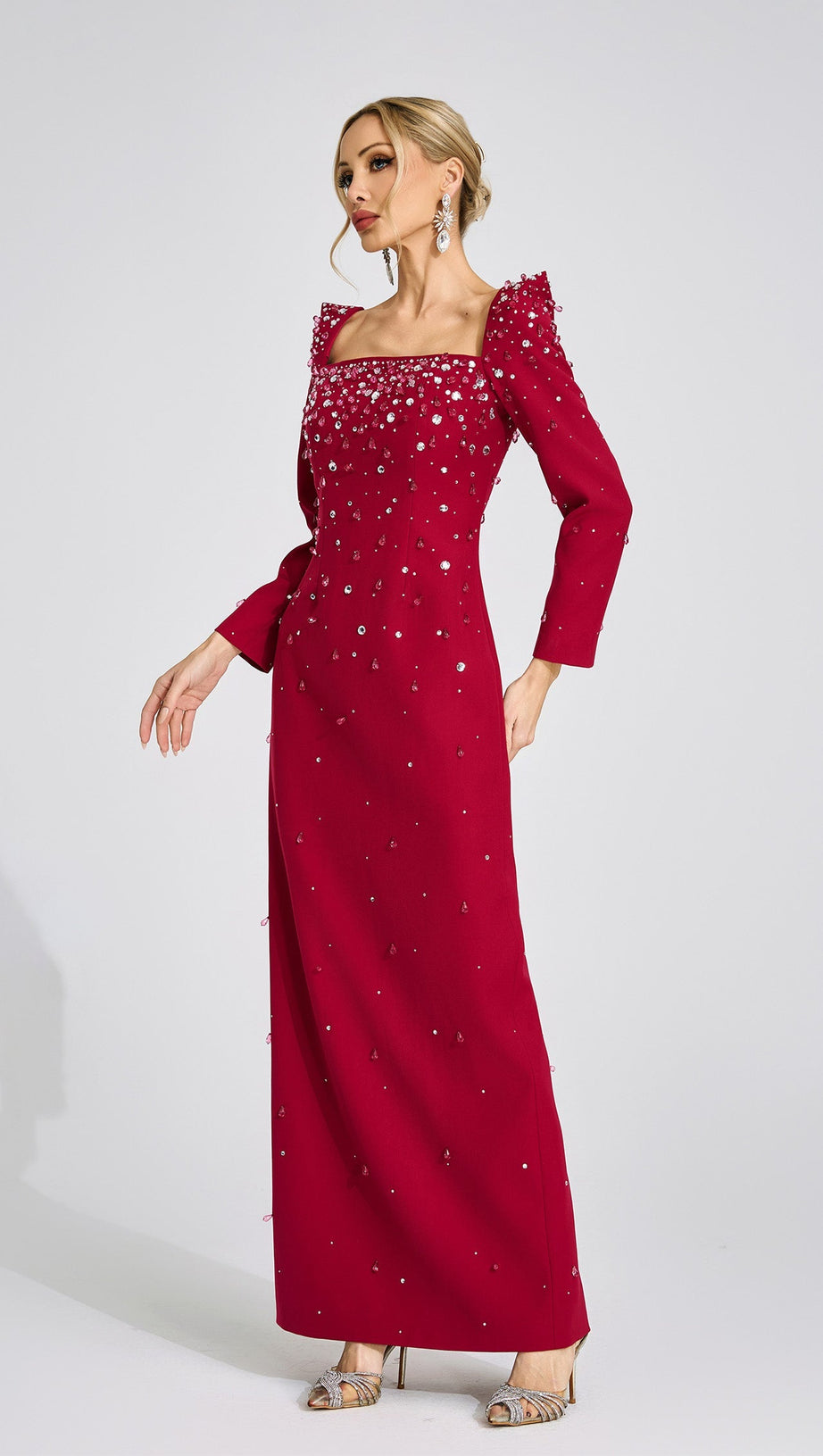 lynn Square neck beaded rhinestone maxi dress - Burgundy