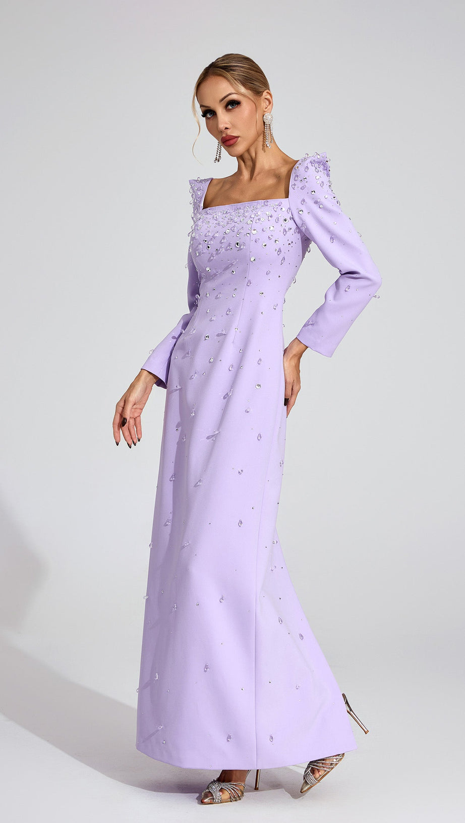 lynn Square neck beaded rhinestone maxi dress - purple