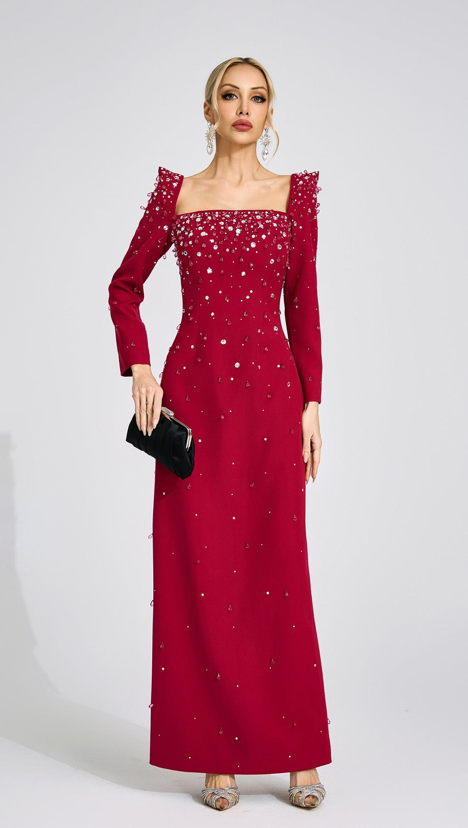 lynn Square neck beaded rhinestone maxi dress - Burgundy