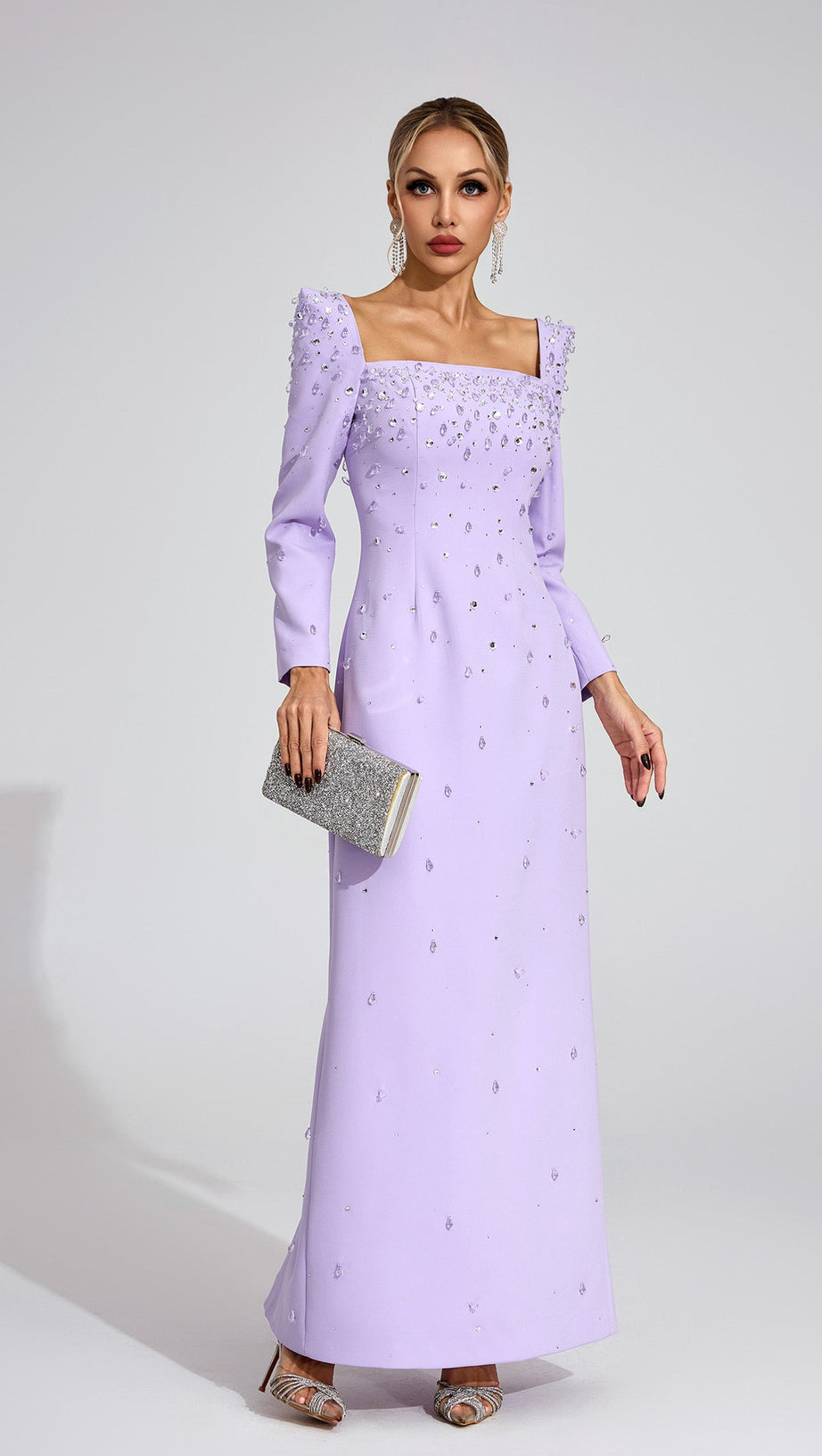 lynn Square neck beaded rhinestone maxi dress - purple