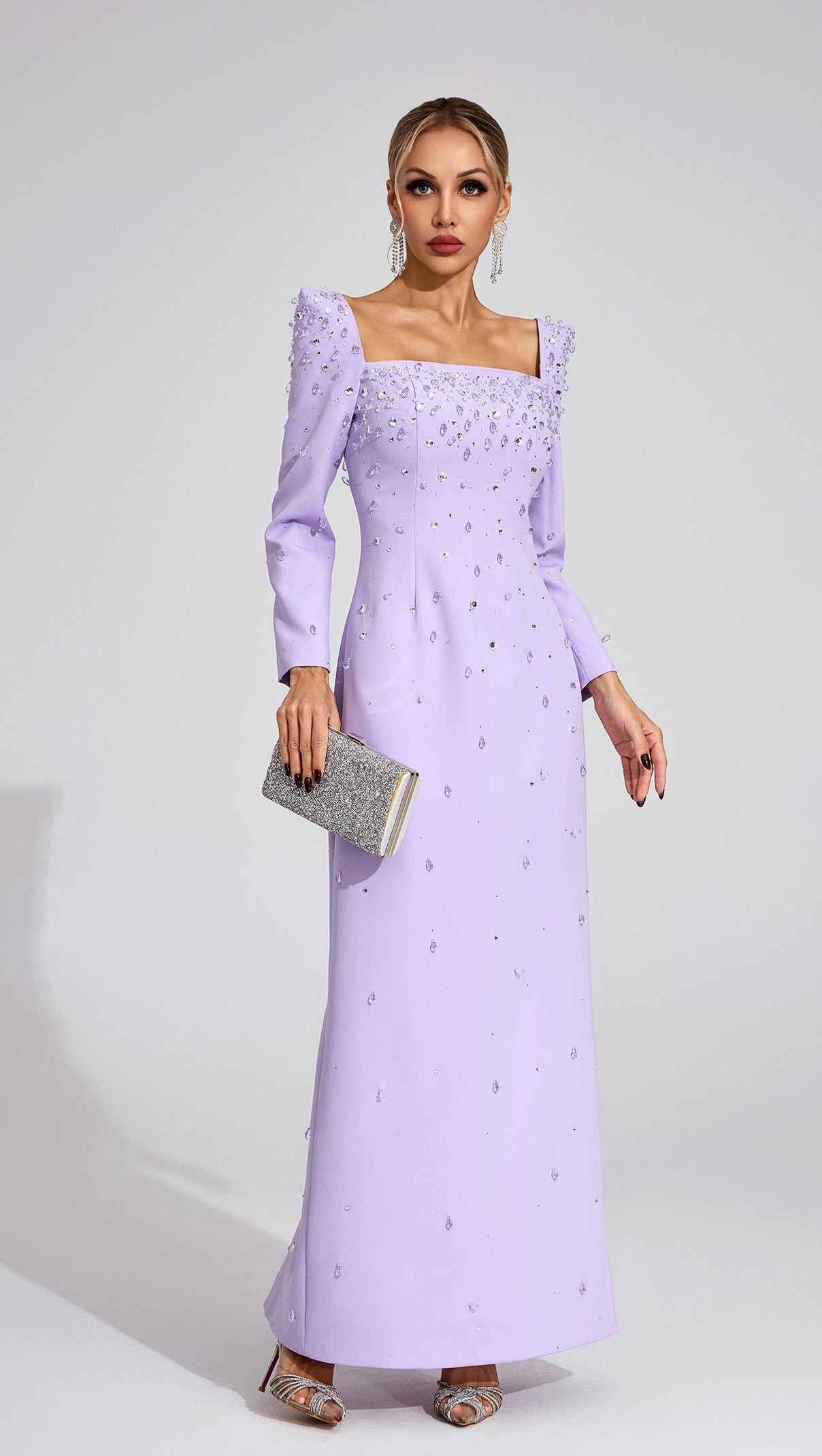 AIIZIE lynn Square neck beaded rhinestone maxi dress - purple - product image