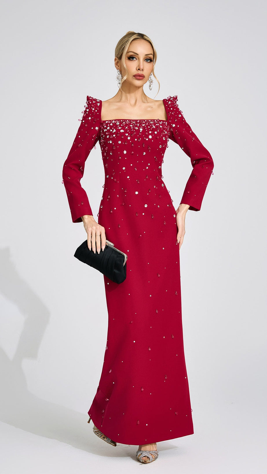 lynn Square neck beaded rhinestone maxi dress - Burgundy