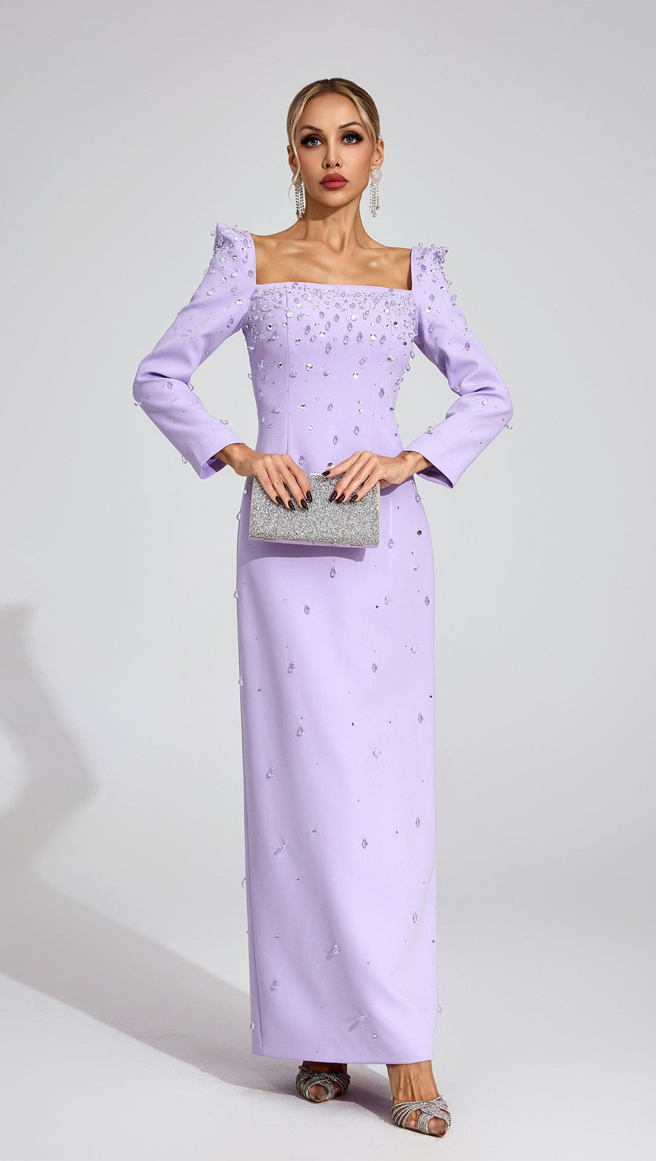 lynn Square neck beaded rhinestone maxi dress - purple