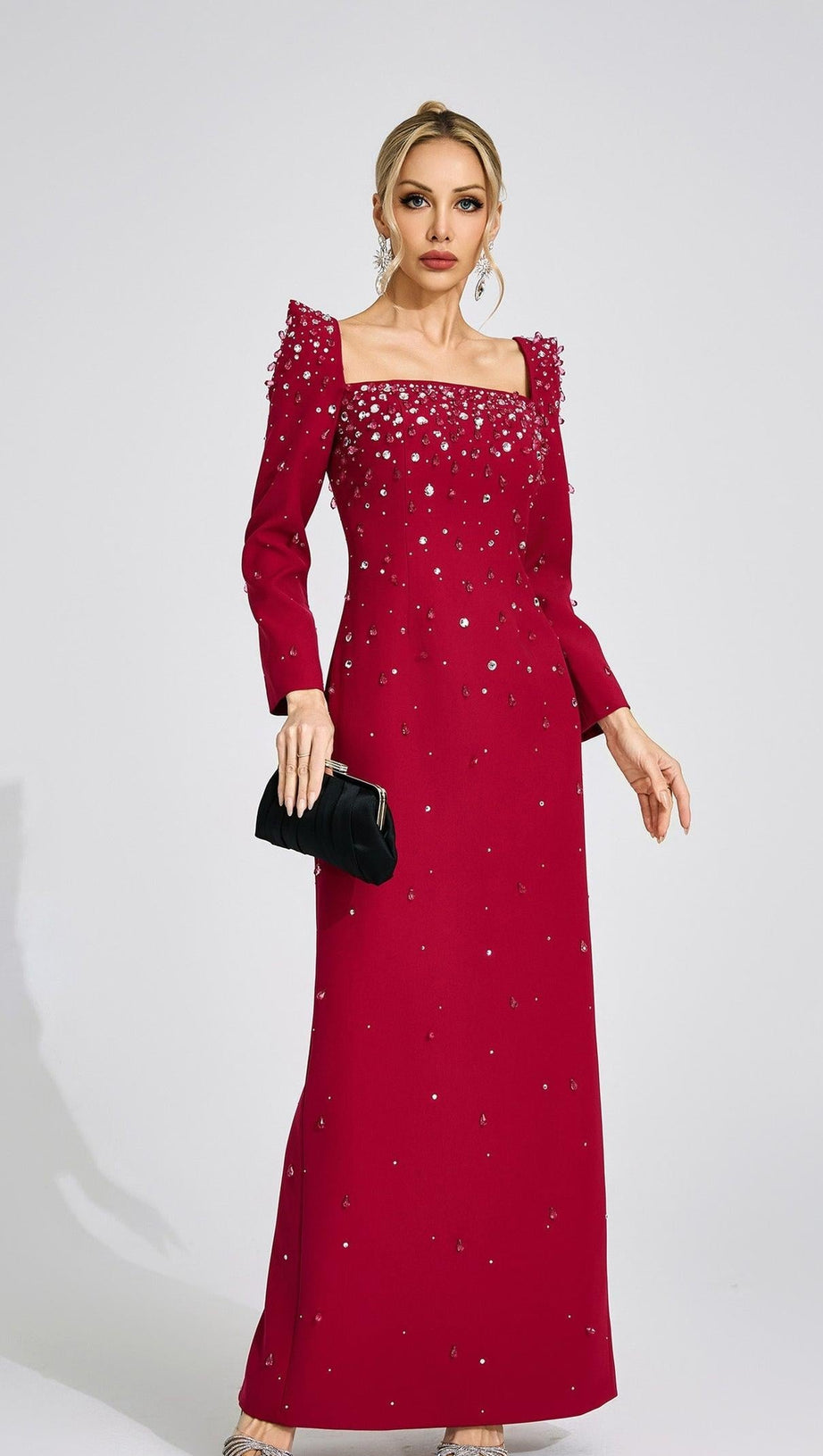 lynn Square neck beaded rhinestone maxi dress - Burgundy