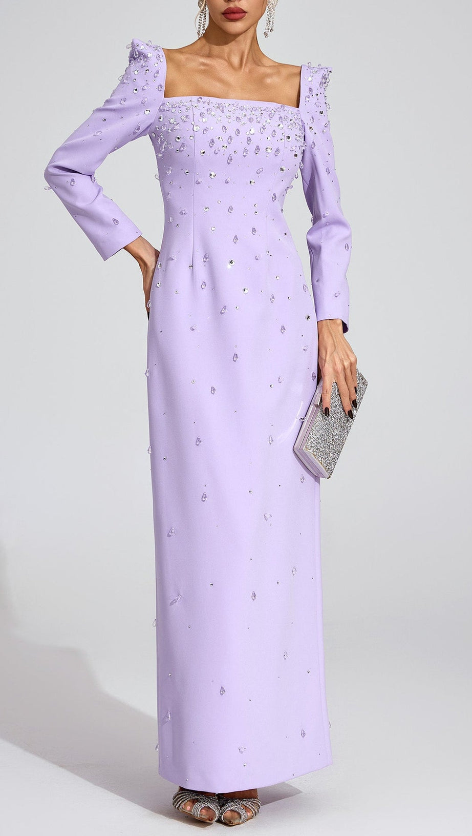 lynn Square neck beaded rhinestone maxi dress - purple