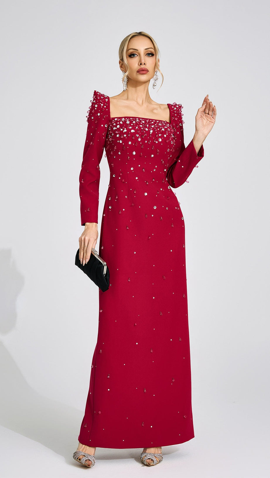 lynn Square neck beaded rhinestone maxi dress - Burgundy
