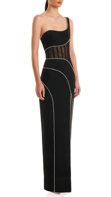 ABITO LUNGO CON FASCE E SPACCO IN RETE CON MONOSPALLA ZORAIDA DIAMANTE