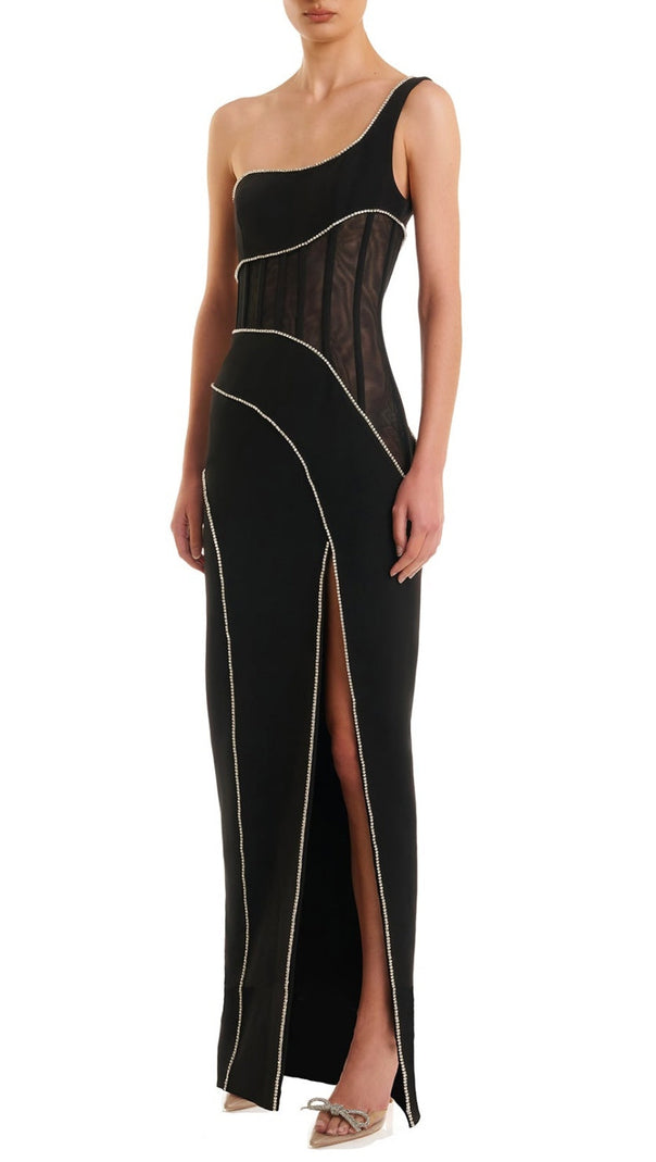 AIIZIE ZORAIDA DIAMANTE MESH ONE SHOULDER SPLIT MAXI BANDAGE DRESS - product image