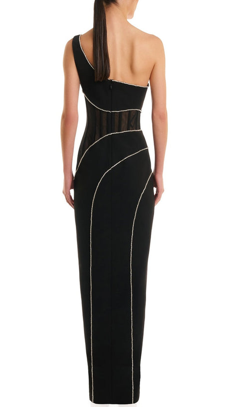 ABITO LUNGO CON FASCE E SPACCO IN RETE CON MONOSPALLA ZORAIDA DIAMANTE