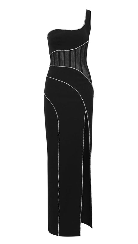 ZORAIDA DIAMANTE MESH ONE SHOULDER SPLIT MAXI BANDAGE DRESS