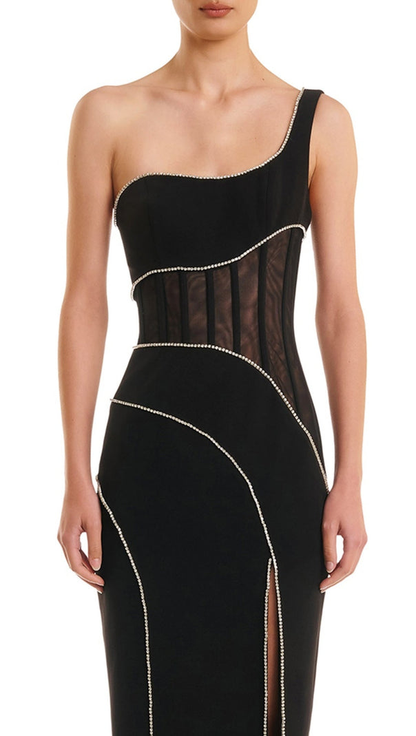 AIIZIE ZORAIDA DIAMANTE MESH ONE SHOULDER SPLIT MAXI BANDAGE DRESS - product image