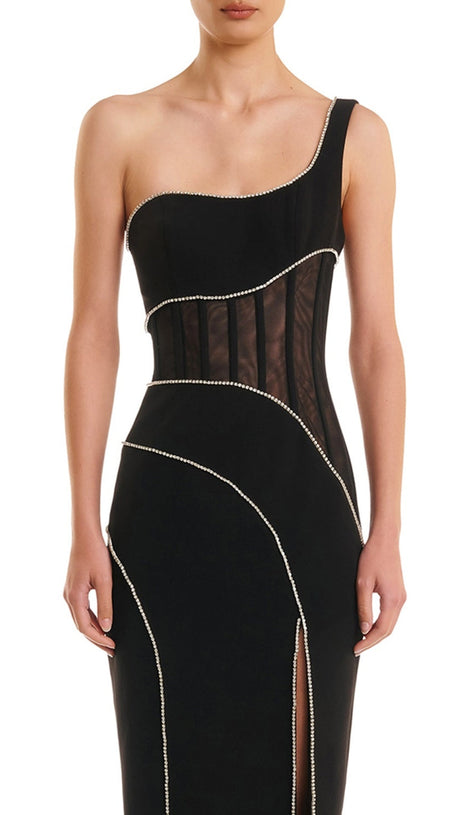 ABITO LUNGO CON FASCE E SPACCO IN RETE CON MONOSPALLA ZORAIDA DIAMANTE