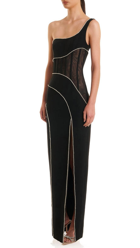 ABITO LUNGO CON FASCE E SPACCO IN RETE CON MONOSPALLA ZORAIDA DIAMANTE