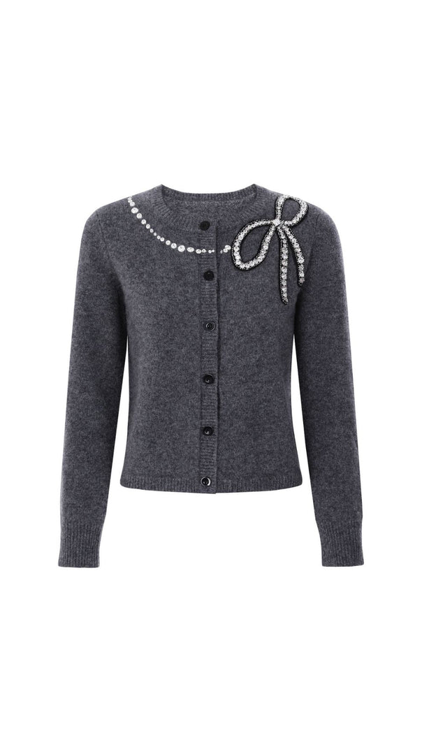 AIIZIE Jordana Embellished Knit Cardigan with Pearl & Crystal Bow - product image