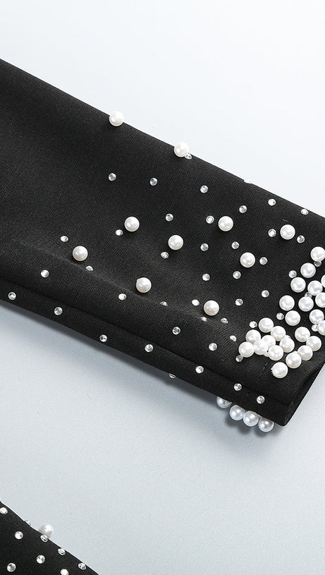 PEARL EMBELLISHED V-NECK MAXI DRESS IN BLACK