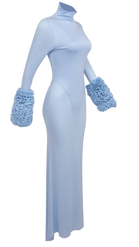 MICHELLE RUFFLED TURTLENECK MAXI DRESS IN PALE BLUE