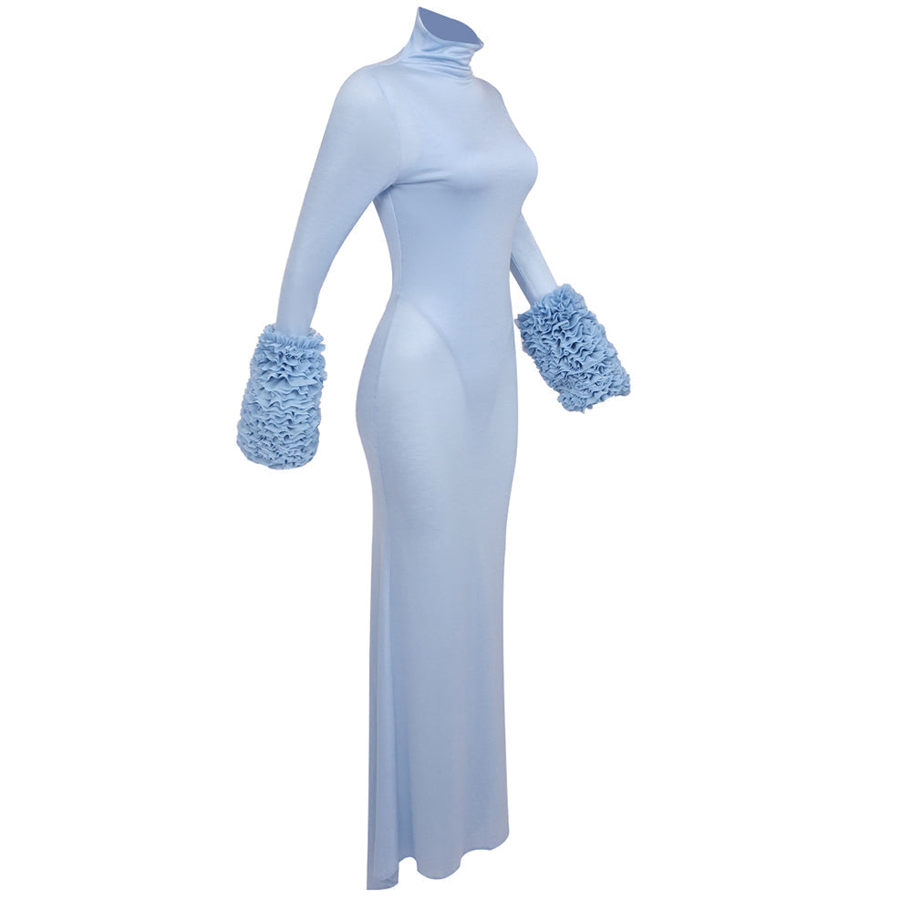 AIIZIE MICHELLE RUFFLED TURTLENECK MAXI DRESS IN PALE BLUE - product image