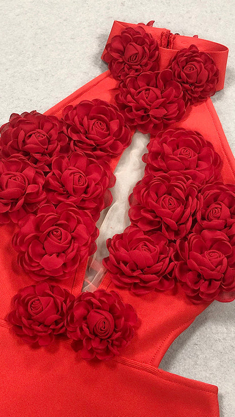 ABITO LUNGO ROSSO CON SCOLLO A V E SCHIENA SENZA SCHIENA, FIORI 3D