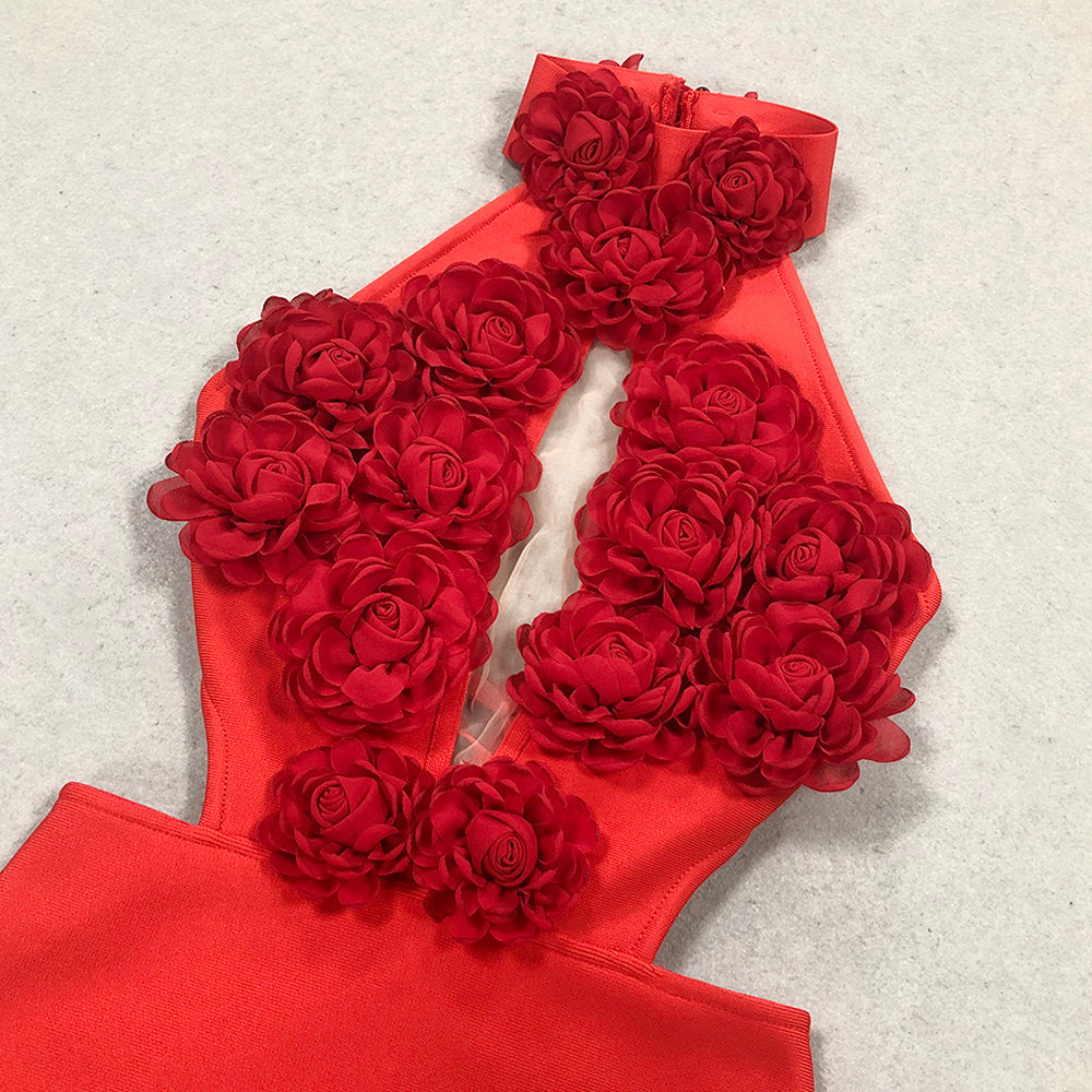 HALTER 3D FLOWER HOLLOW OUT BACKLESS MAXI DRESS IN RED