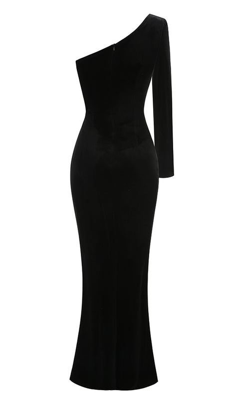 ONE-SHOULDER LONG SLEEVE FLOWER MAXI DRESS BLACK