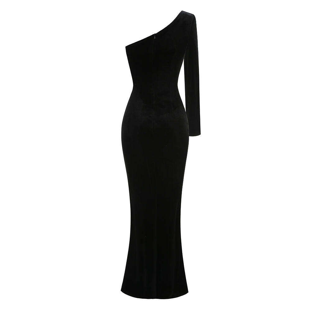 AIIZIE ONE-SHOULDER LONG SLEEVE FLOWER MAXI DRESS BLACK - product image