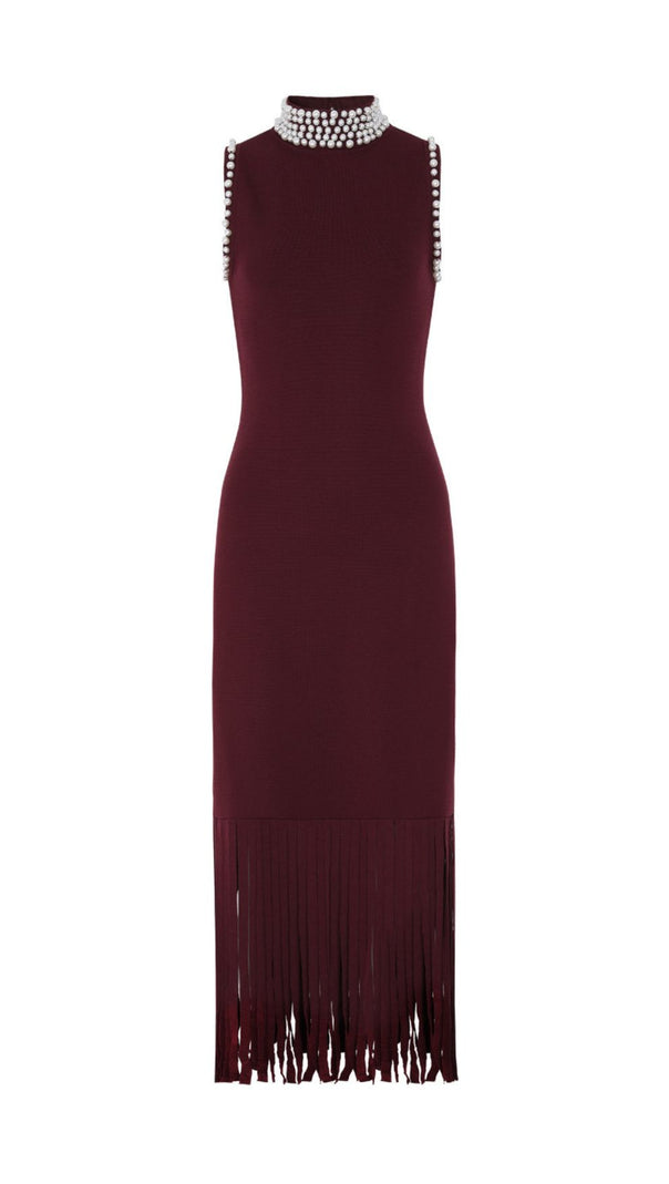 AIIZIE Junko Pearl Choker Sleeveless Knit Maxi Dress with Fringe Hem - product image