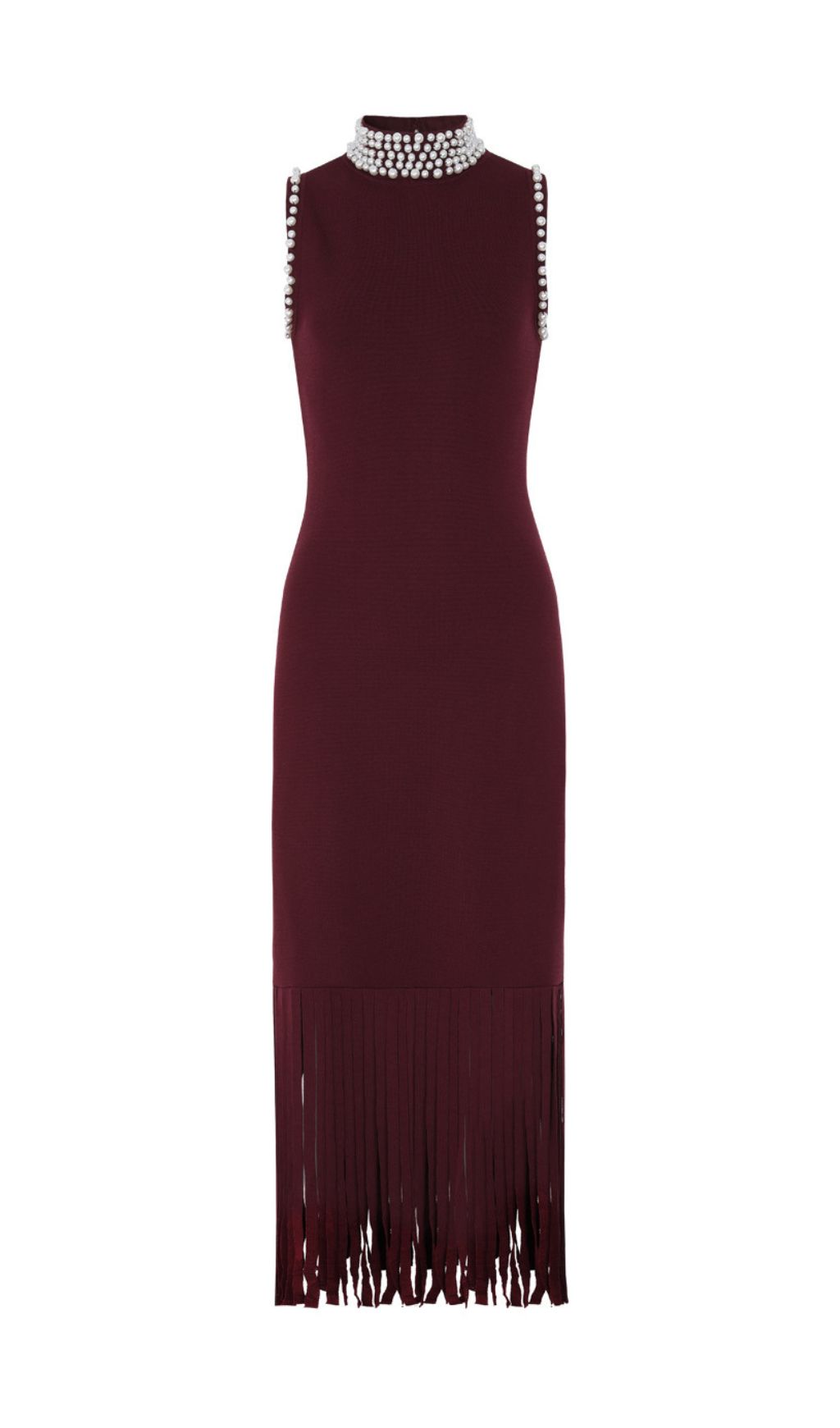 Junko Pearl Choker Sleeveless Knit Maxi Dress with Fringe Hem