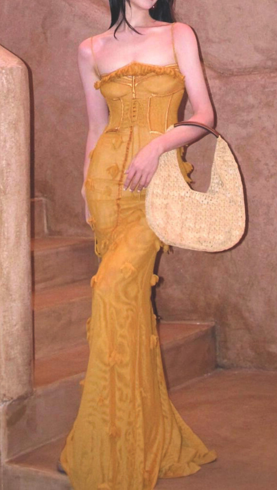 CARYS STRAPPY PETAL MAXI DRESS IN YELLOW