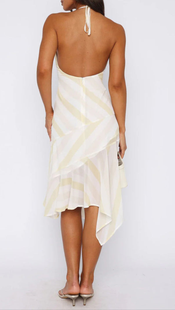 AIIZIE BACKLESS CITRUS STRIPE MIDI DRESS IN IVORY - product image