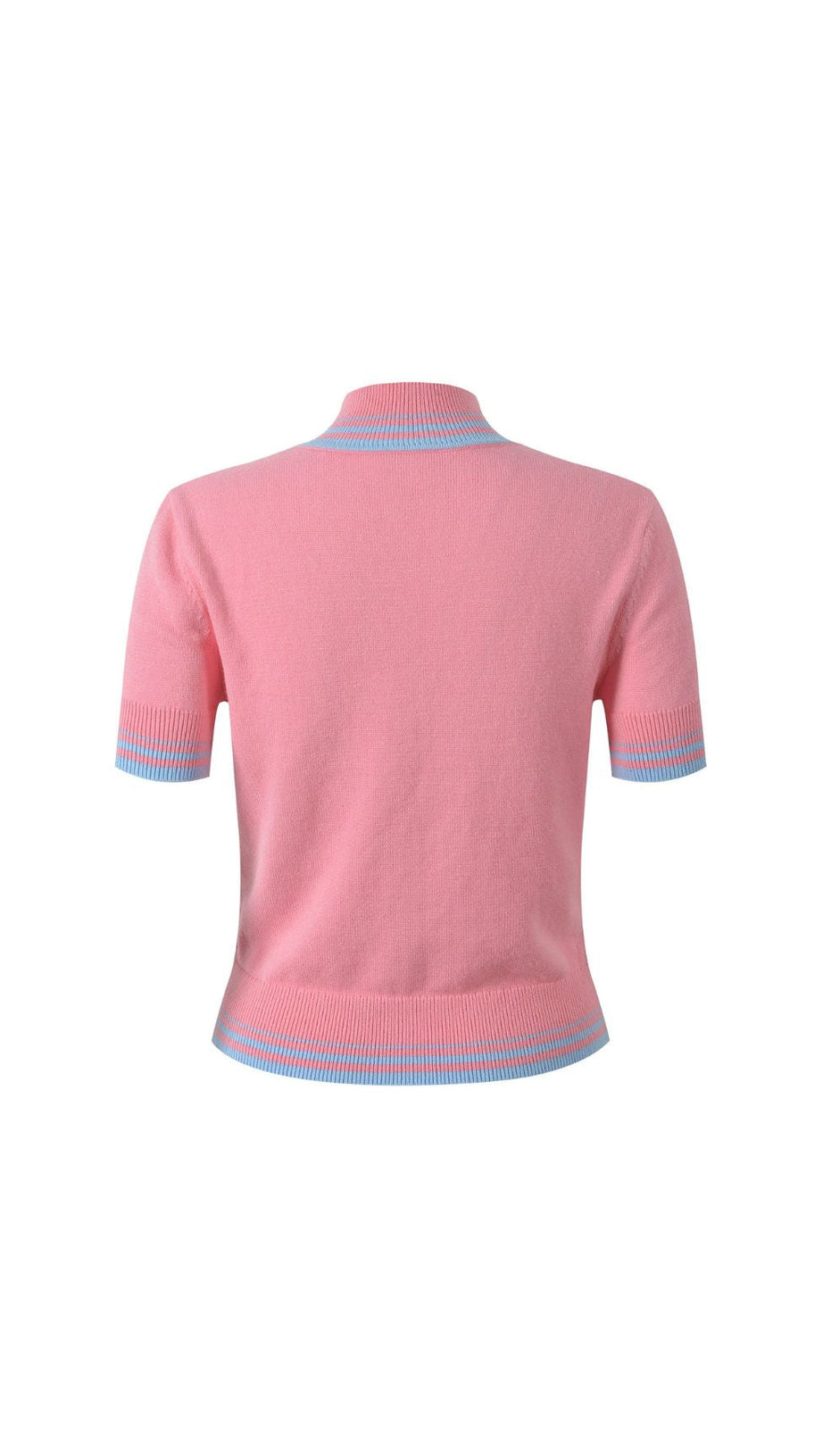 CHIC PINK & BLUE STRIPE MOCK NECK RIBBED KNIT TOP | WOMEN'S SHORT SLEEVE