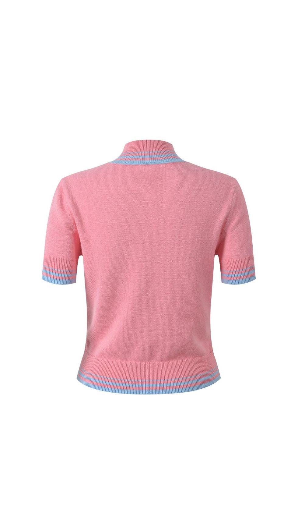 CHIC PINK & BLUE STRIPE MOCK NECK RIBBED KNIT TOP | WOMEN'S SHORT SLEEVE