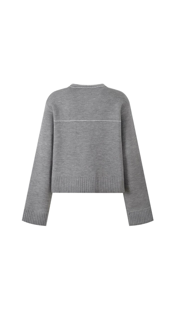 AIIZIE Elegant Grey Contrast Stitch Crewneck Cardigan for Women - product image
