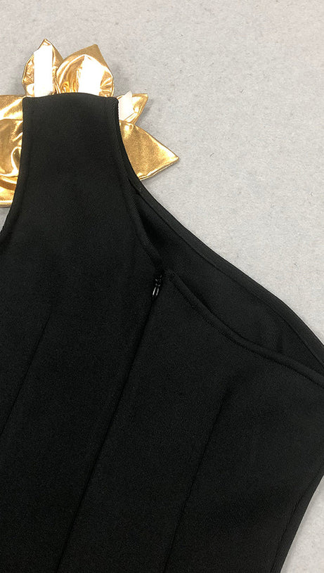 EUNICE GOLD 3D FLOWER CUT OUT BLACK MAXI DRESS