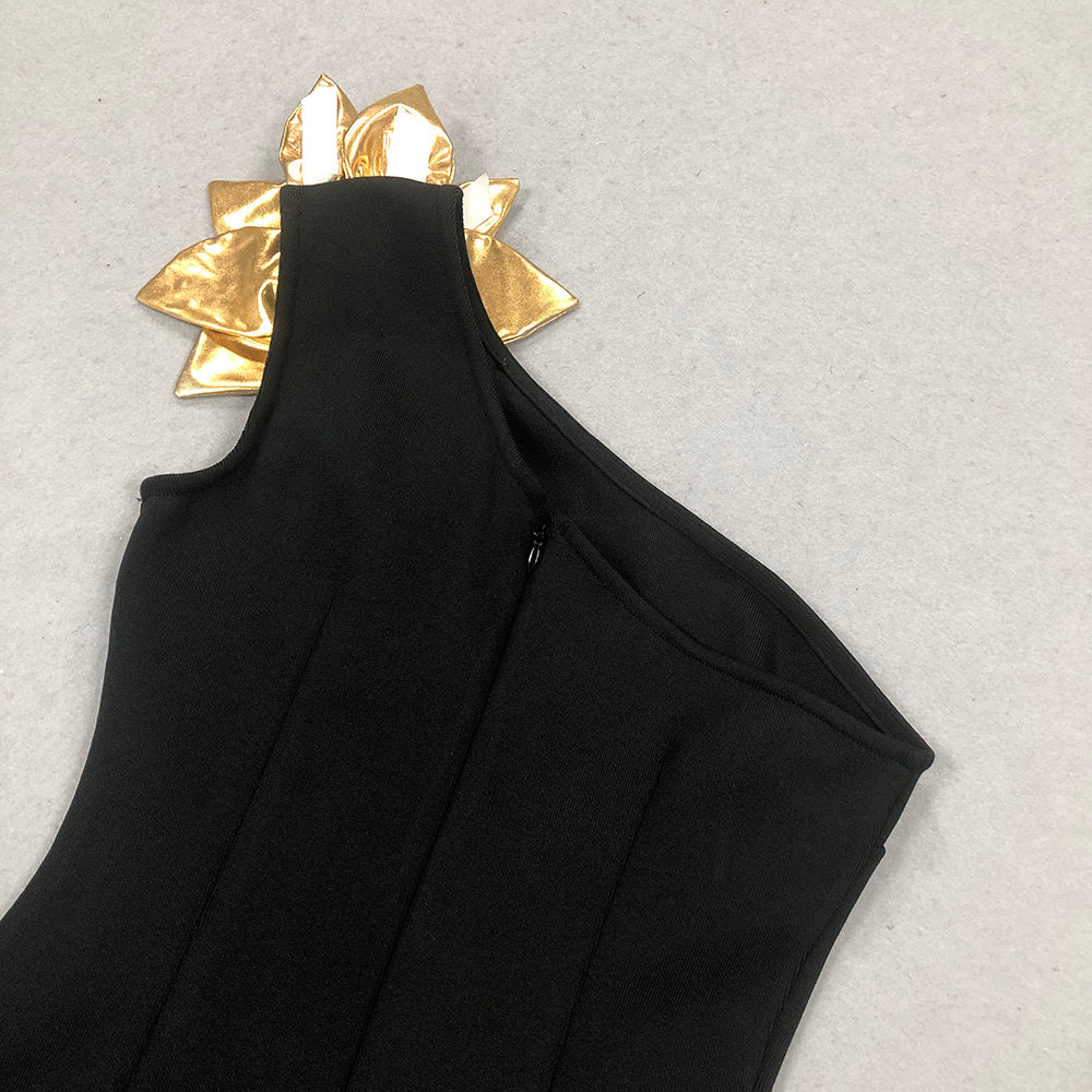 AIIZIE EUNICE GOLD 3D FLOWER CUT OUT BLACK MAXI DRESS - product image