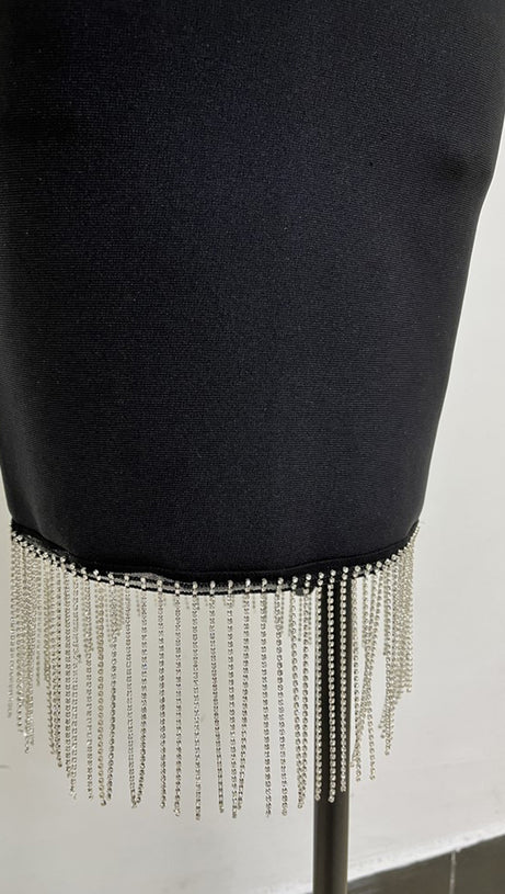 RHINESTONE METAL CHAIN TASSEL BANDAGE DRESS