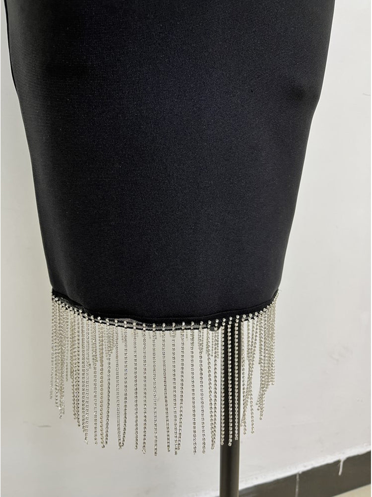 RHINESTONE METAL CHAIN TASSEL BANDAGE DRESS