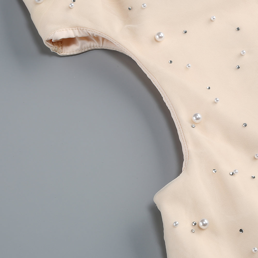 OFF-SHOULDER WAISTED PEARL EMBELLISHED FISHTAIL DRESS